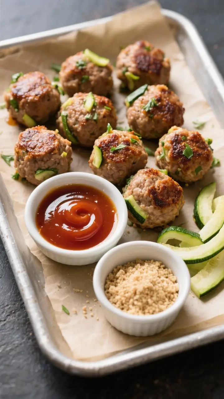 Straight-on plated presentation of mini turkey zucchini meatballs with dipping sauce: a parchment-lined tray filled with 1-inch browned turkey meatballs flecked with grated zucchini and herbs, glistening from a light sear; a small bowl of sweet-tangy ketchup-honey–apple cider vinegar–soy sauce dip front and center; a side ramekin of whole-wheat breadcrumbs and a few raw zucchini ribbons for context; crisp, high-contrast lighting highlighting caramelized edges.