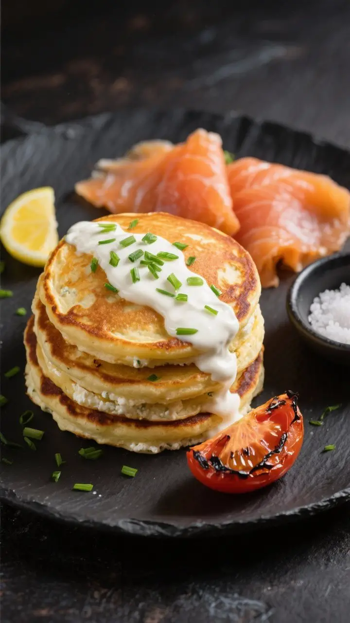 Straight-on plated presentation of savory cottage cheese pancakes stacked on a dark slate plate: golden pancakes with crisp edges and tender centers dotted with chives, draped with a silky herby Greek yogurt drizzle (lemon-kissed), extra chives sprinkled on top; optional sides styled nearby—folds of smoked salmon and a wedge of charred roasted tomato; small dish of flaky salt, lemon wedge; elegant brunch aesthetic, high contrast, tight depth of field on textures.