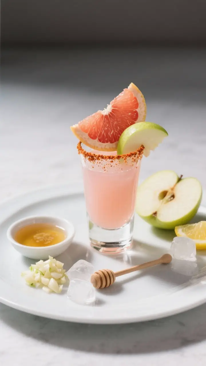 Straight-on plated shot of the Firefighter Flu Shot: Spicy Grapefruit-Garlic Power Sipper served as a 3–4 oz shooter in a clear shot glass, pale pink-grapefruit hue with a light cayenne dust on top; styled with peeled grapefruit segments, a cored green apple slice, a lemon wedge, a tiny dish of apple cider vinegar “with the mother,” a finely minced garlic pile, a honey dipper, and a few ice cubes melting slightly; minimal, clinical-clean background, sharp highlights to convey potency, bold yet appetizing composition.