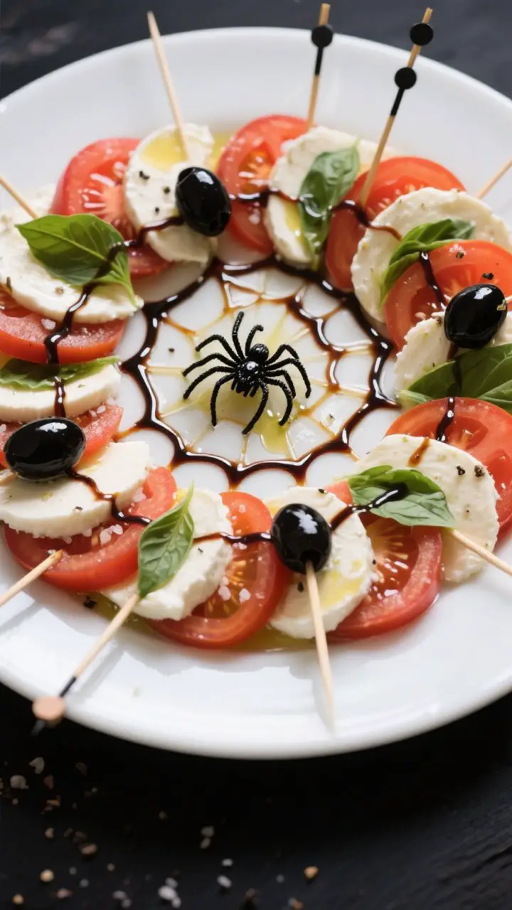 Straight-on platter shot of Spiderweb Caprese: concentric circles of thick tomato and fresh mozzarella slices with basil leaves tucked between, lightly glossed with extra-virgin olive oil and seasoned with salt and pepper. A spiraled lattice of glossy balsamic glaze is dragged into a crisp spiderweb pattern using toothpicks, with black olive “spiders” (halves and slivered legs) crawling across. Clean white platter against a dark background for high contrast, precise lines and shine emphasized.