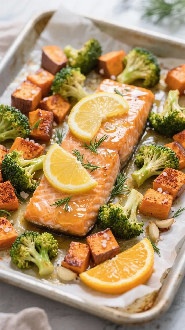 Straight-on sheet-pan scene of Citrus Salmon with Broccoli and Sweet Potato: caramelized cubes of sweet potato and broccoli florets with crispy edges flanking center-placed salmon fillets glazed with lemon-Dijon-honey mixture; thin slices of lemon and optional orange fanned over the salmon; visible sprinkle of smoked paprika and garlic powder on the vegetables, sea salt crystals on top; parchment-lined pan pulled from a 425°F oven, glistening and steaming; finishing touch of chopped dill scattered post-bake; bright, spa-like, dinner-ready vibe.