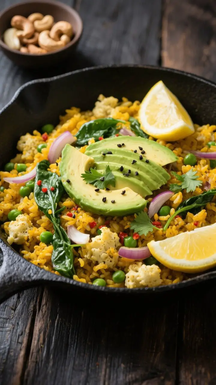Straight-on skillet shot of Avocado and Turmeric Cauliflower Rice: golden turmeric cauliflower rice speckled with onion, garlic, ginger, coriander, and optional chili flakes, with peas and just-wilted baby spinach folded through. Fresh avocado slices layered on top off-heat, squeeze of lemon glistening, black pepper and cilantro garnish. Presented in a matte black skillet on a dark wood surface for color contrast, a small bowl of cashews and lemon wedge nearby, clean and vibrant one-pan energy.