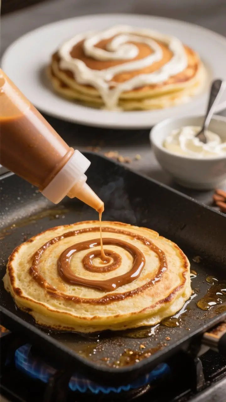 45-degree action close-up: Cinnamon-swirl pancakes on a griddle mid-cook—golden surface with a tight spiral of glossy cinnamon-brown sugar filling, slightly bubbling; a squeeze bottle with the swirl mixture in frame, and off to the side a small bowl of cream cheese drizzle with a spoon; final plated pancake in the background draped with silky cream cheese icing, showing gooey swirls and a hint of cardamom; controlled medium heat glow, rich caramel tones, highly appetizing sheen.