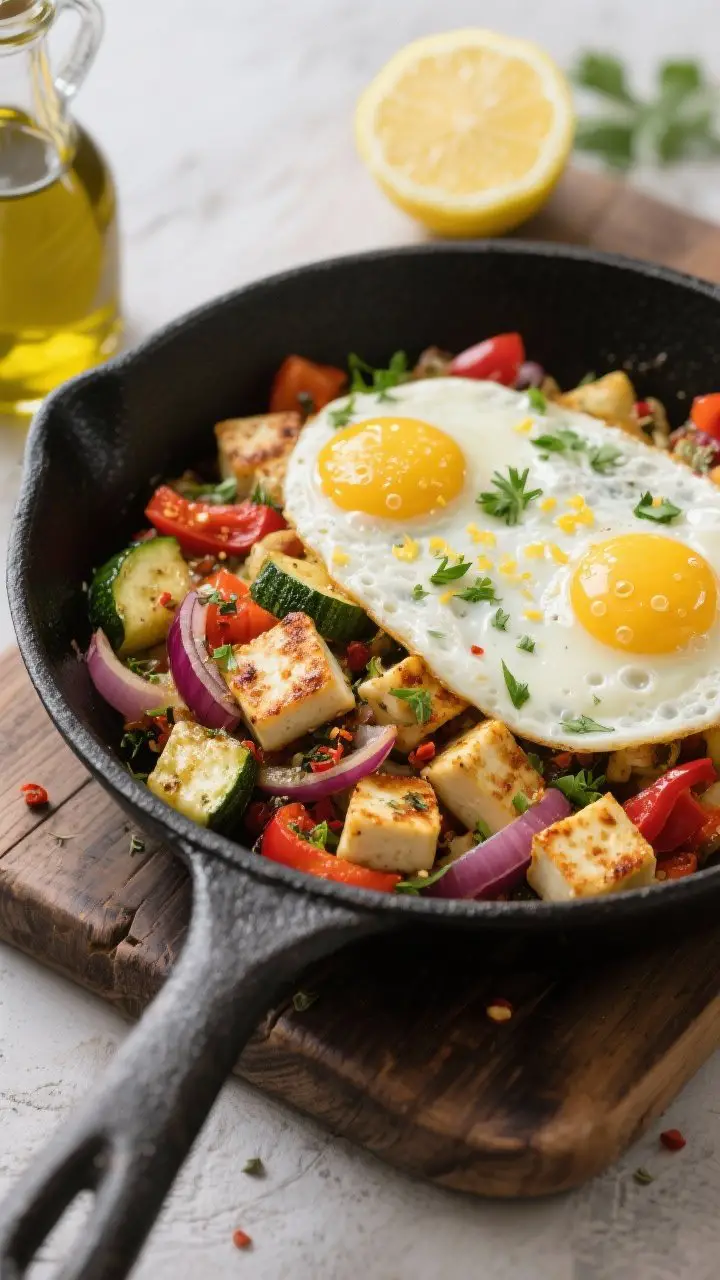 45-degree action shot of a skillet halloumi and veggie hash: golden-browned halloumi cubes, sautéed zucchini, red bell pepper, and thin red onion, flecked with dried oregano and chili flakes; on top, two lemon-perfumed fried eggs with tiny bubbles at the edges, a dusting of lemon zest and a glisten of juice; chopped parsley sprinkled over; olive oil bottle and half a lemon in frame; served in a matte black nonstick skillet on a rustic wood board to emphasize color contrast.