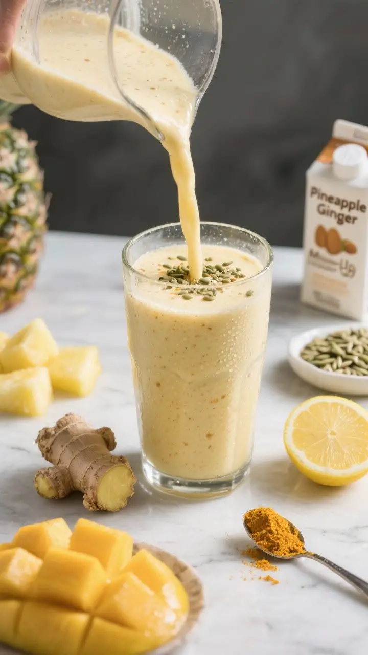 45-degree action shot of the “Pineapple Ginger Muscle-Up” mid-blend pour: frosty pale-gold smoothie streaming into a clear tall glass, with visible micro flecks of ginger and turmeric; surrounding set shows frozen pineapple and mango chunks, a nub of peeled fresh ginger, lemon half, unsweetened almond milk carton, hemp seeds sprinkled on a small dish, and a tiny spoon of turmeric; cool morning light, crisp focus, condensation on glass, topped with a sprinkle of hemp seeds for crunch.