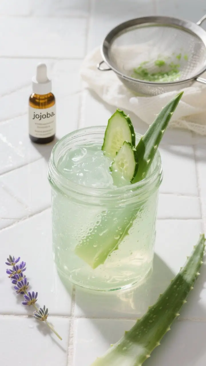 45-degree angle beauty shot of a chilled aloe and cucumber gel in a clear glass jar: luminous, pale green gel with tiny cucumber juice ripples, a thin sheen of jojoba on top, and a few cucumber peels and aloe leaves styled alongside. A fine-mesh sieve and cheesecloth with faint green residue sit in the background to hint at the straining step. Optional lavender sprigs and a small dropper bottle labeled “jojoba.” Frosted condensation on the jar to convey straight-from-the-fridge coolness, crisp highlights, clean white tile backdrop.