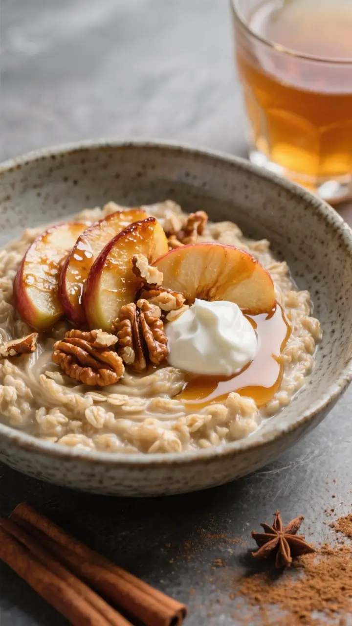 45-degree angle bowl shot of apple cider–simmered oatmeal, creamy and swirled, crowned with glossy caramelized cinnamon apples and a sprinkle of chopped walnuts; a small dollop of Greek yogurt melting into the oats, extra maple syrup pooling lightly; warm autumn tones, a glass of apple cider blurred in the background; textured ceramic bowl on a slate surface dusted with cinnamon and nutmeg.
