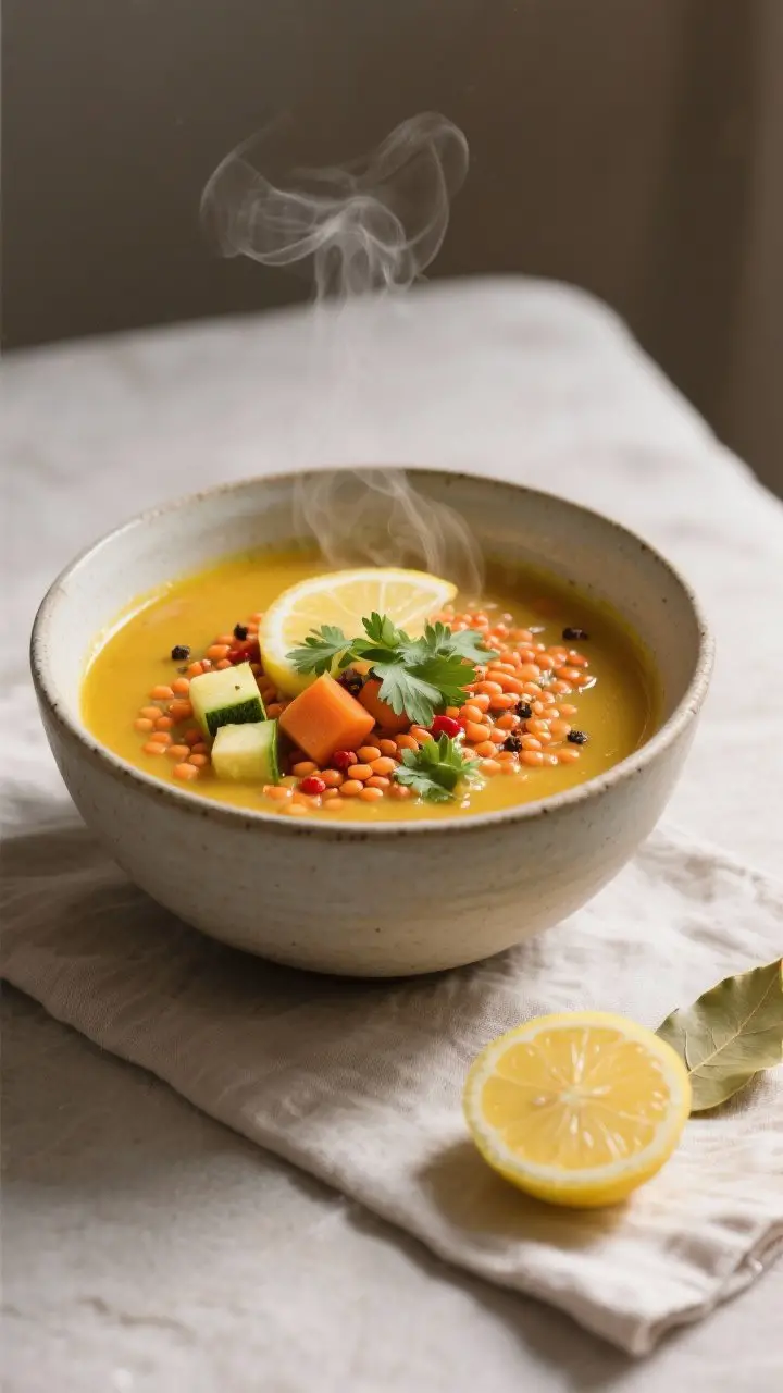 45-degree angle bowl shot of golden ginger–turmeric red lentil soup in a matte stoneware bowl: visible red lentils, soft carrot and zucchini cubes, flecks of cumin and red pepper, finished with a fresh squeeze of lemon, chopped cilantro, and a crack of black pepper; steam gently rising, a drizzle of olive oil catching light, lemon half and a bay leaf on the linen beside the bowl, spa-like cozy ambiance, clean and soothing.