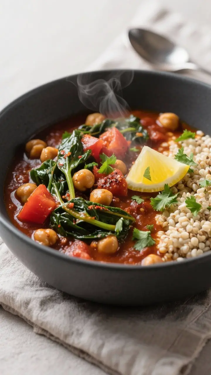 45-degree angle bowl shot of Smoky Chickpea and Spinach Stew with Tomato and Harissa: thick, rustic stew in a matte charcoal bowl, showing plump chickpeas, wilted baby spinach ribbons, diced tomatoes, and a deep red hue from harissa, cumin, smoked paprika, and coriander; a glossy swirl of olive oil, a squeeze of lemon, and a scatter of chopped cilantro; served over a small mound of quinoa peeking at the edge; steam rising, cozy mood, neutral linen, spoon resting nearby, clean modern styling.