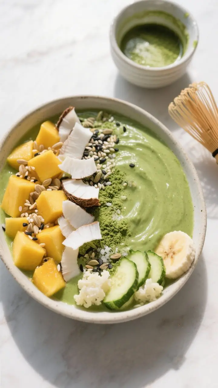 45-degree angle, bright and vibrant plated shot of a Matcha Mango Power Bowl: thick, silky chartreuse base (matcha whisked with warm water, coconut milk, Greek/soy yogurt, vanilla/unflavored protein, hemp hearts, sea salt, optional honey; blended with frozen mango, 1/2 banana, frozen zucchini/cauliflower) poured into a wide shallow bowl; toppings artfully arranged: fresh mango cubes, toasted white and black sesame seeds, large coconut chips, and a fine sprinkle of matcha powder; a chawan with remaining whisked matcha and a bamboo whisk off to the side; clean, focused energy mood with crisp daylight and minimal props, emphasizing freshness and gentle caffeine lift.
