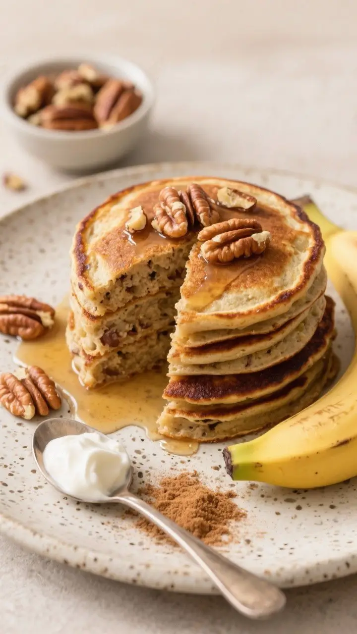 45-degree angle close-up: Banana-bread pancakes with caramelized, browned edges stacked on a speckled stoneware plate, topped with toasty chopped walnuts and a drizzle of maple syrup; a spoonful of Greek yogurt on the side dusted with cinnamon; visible flecks of whole wheat flour and cinnamon in the pancakes, one sliced pancake showing moist banana-studded interior; a ripe banana, a small bowl of toasted walnuts, and a pinch of brown sugar sprinkled on the surface; cozy, warm tones and soft morning light.