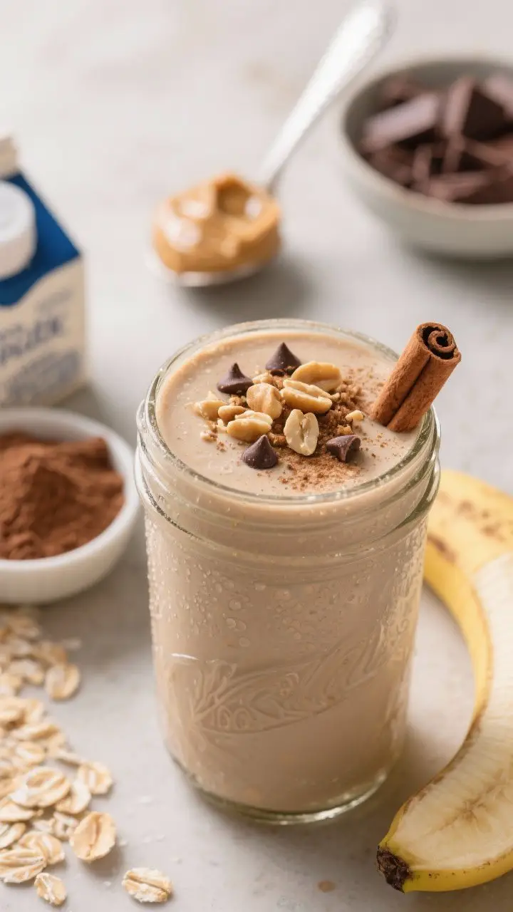 45-degree angle close-up of a frosty Peanut Butter Banana Energy Shake in a chilled glass jar, ultra-thick and velvety with micro-condensation on the glass; topped with crushed roasted peanuts, a light sprinkle of mini chocolate chips, and a dusting of cinnamon. In the soft-focus background: a spoonful of natural peanut butter with visible oil sheen, a scoop of chocolate protein powder, a pinch bowl of cocoa powder, oat milk carton edge, and a frozen banana chunk. Warm, dessert-like mood with a hint of salt-sweet richness; shallow depth of field to emphasize the creamy, milkshake-like body.