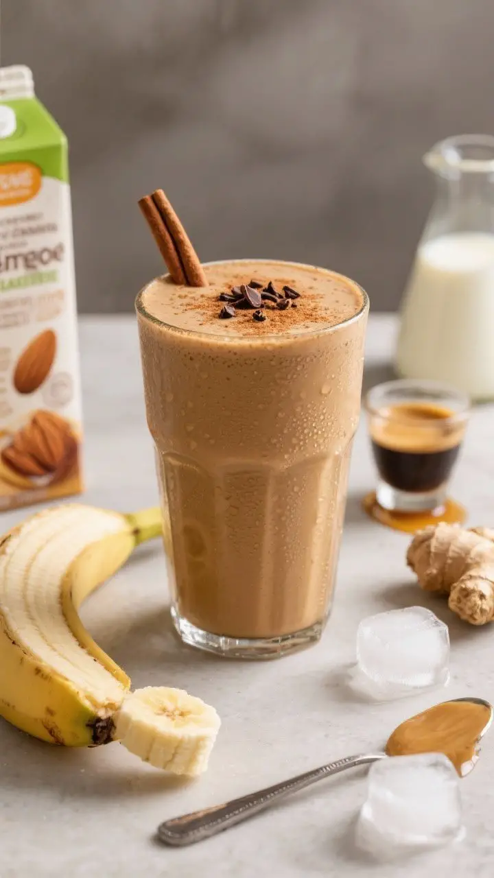 45-degree angle close-up of the Creamy Banana Ginger Latte Smoothie in a tall glass, creamy tan-brown color, thick and frosty with condensation. Garnish with a dusting of cinnamon and a few cacao nibs on top; tiny pinch of black pepper visible. Surround with key elements: a frozen banana half, almond butter spoon, peeled 1-inch ginger nub, a warm espresso shot glass (or cold brew in a beaker), carton of unsweetened almond milk, maple syrup drips, and a few ice cubes. Neutral café backdrop, soft morning side light, cozy latte-meets-smoothie café vibe.