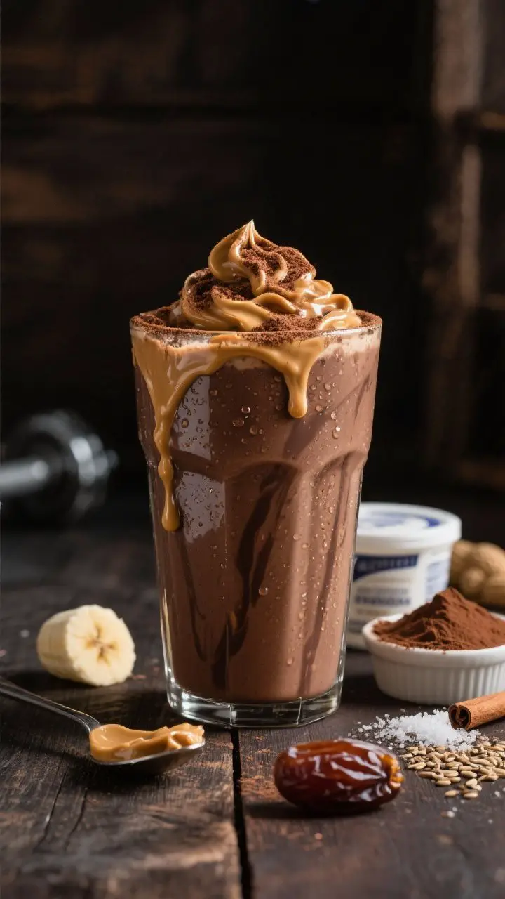 45-degree angle close-up of the Peanut Butter Cup Power Shake in a tall glass, thick and glossy with micro-condensation, finished with a silky peanut butter drizzle and a fine dusting of cocoa on top; rich chocolate-brown tones with creamy swirls; style supporting ingredients nearby: a spoonful of natural peanut butter, unsweetened cocoa powder, a small frozen banana chunk, Greek yogurt tub, a pinch of cinnamon and sea salt on a ramekin, optional Medjool date and ground flaxseed; moody, gym-recovery vibe with a dark wood backdrop and soft side light to accentuate body and sheen.