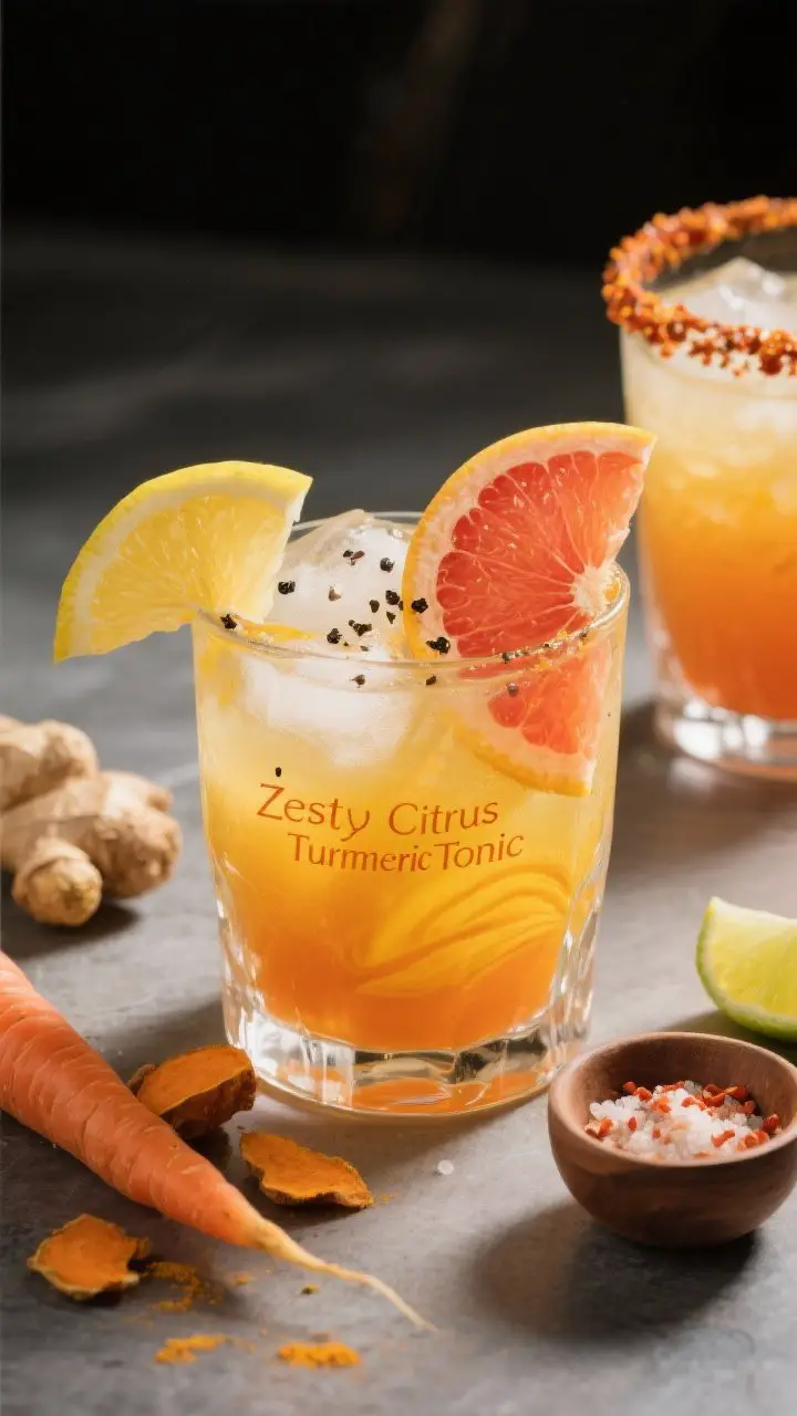 45-degree angle close-up of the “Zesty Citrus Turmeric Tonic” in a rocks glass over ice, glowing sunset hues of orange and grapefruit with a faint golden turmeric swirl. A micro sprinkle of black pepper visible on top, thin grapefruit and orange wheels leaning on the rim, lemon wedge nearby. Place a scrubbed carrot, fresh turmeric and ginger pieces, and a tiny bowl of chili-lime salt off to the side. Optional second glass rimmed with chili-lime salt. Cool, refreshing mood with soft shadows, high clarity, vibrant citrus colors.