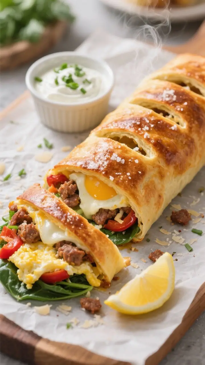 45-degree angle hero shot of a golden-brown breakfast stromboli on parchment: glossy egg-washed crust with flaky salt, steam escaping through 4–5 decorative vents. A few slices cut to reveal ribbons of melted mozzarella and sharp cheddar, crumbled Italian sausage, soft scrambled eggs, roasted red pepper, and baby spinach, dusted with Parmesan and Italian seasoning. A ramekin of herby yogurt-mayo dip with parsley and chives on the side, lemon wedge nearby. Crisp, celebratory brunch feel.