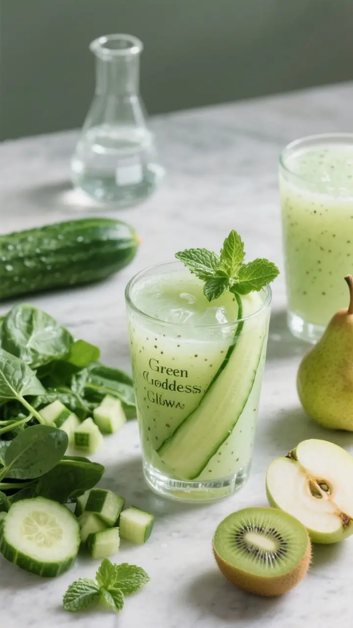 45-degree angle hero shot of the “Green Goddess Glow” in a chilled clear tumbler, pale green and silky with visible tiny kiwi seeds; garnished with a cucumber ribbon and a mint sprig as per serving ideas; nearby a second glass with light condensation; background props: whole cucumber (partly peeled), chopped pieces, a cored green apple wedge, peeled kiwis, a handful of fresh spinach, half a peeled lime, and a few mint leaves; a small beaker of cold water ready to pour; cool, crisp mood with soft daylight; include an optional pear on the side for the suggested swap; fresh, spa-like aesthetic.
