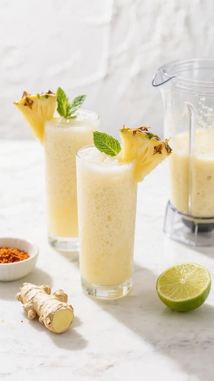 45-degree angle hero shot of the Pineapple Coconut Cooler, final poured: tall frosty glasses filled with a pale golden pineapple-coconut blend, micro-bubbles from blending, crowned with a pineapple wedge and mint sprig. A small dish of grated fresh ginger and a cut lime nearby, plus a blender jar with a bit of the vibrant mixture remaining. Optional variation hint: a pinch of chili powder in a ramekin. Bright, tropical mood with sunny highlights and a textured white backdrop.
