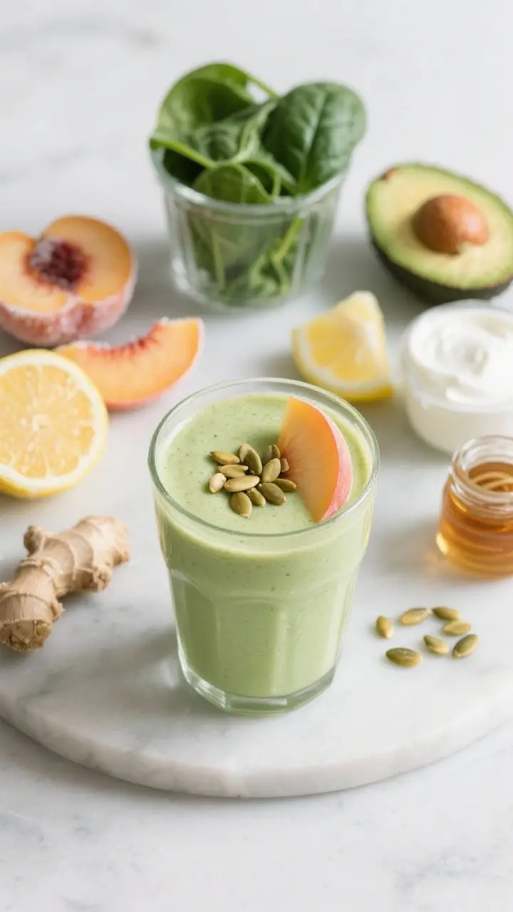 45-degree angle ingredient-forward shot transitioning to final Green Goddess Peach-Spinach Smoothie: a pale green, plush smoothie in a clear glass garnished with a thin peach slice and a sprinkle of pumpkin seeds; behind it, neatly arranged ingredients—frozen peach slices with frosty edges, a packed cup of baby spinach, a quarter of ripe avocado, freshly grated ginger, a lemon wedge, Greek yogurt, and a small honey jar; cool, fresh color palette of greens and soft oranges, crisp natural light, clean modern surface, emphasizing “you won’t taste the greens” brightness and creamy texture.