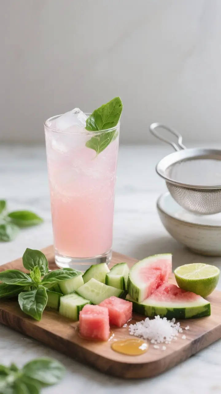 45-degree angle ingredient-to-glass narrative of the Cucumber-Basil Watermelon Tonic: a tall clear glass of pale pink, ultra-smooth strained tonic over fresh ice, garnished with a smacked basil leaf; in the foreground, a neat board with peeled cucumber chunks, basil leaves, watermelon cubes, a lime wedge, a tiny drizzle of honey, and flaky sea salt; a fine-mesh sieve resting over a bowl to imply straining; garden-fresh, spa-like styling with cool tones, soft diffused daylight, and a minimalist backdrop that emphasizes the green basil and cucumber against the delicate pink juice.