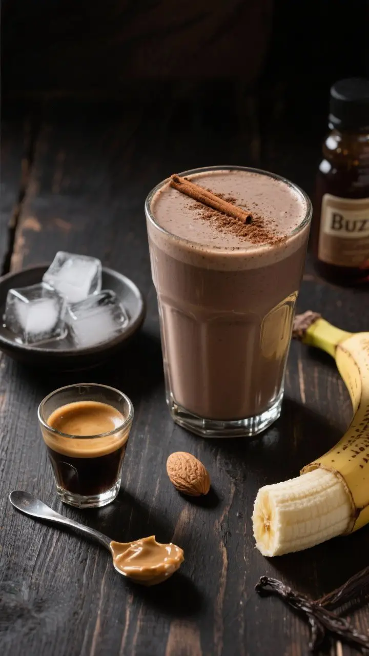 45-degree angle moody café-style shot of the Espresso Banana Buzz Smoothie: thick, frothy taupe-brown smoothie in a double-walled glass, finished with a fine dusting of cocoa powder and a subtle cinnamon line; next to it, espresso-filled ice cubes in a small dish, a shot glass of chilled espresso, a spoonful of almond butter, vanilla extract bottle, and a frozen banana piece. Darker wood surface with soft directional light for latte-meets-dessert energy; focus on creamy body and coffee richness, inviting yet refined.