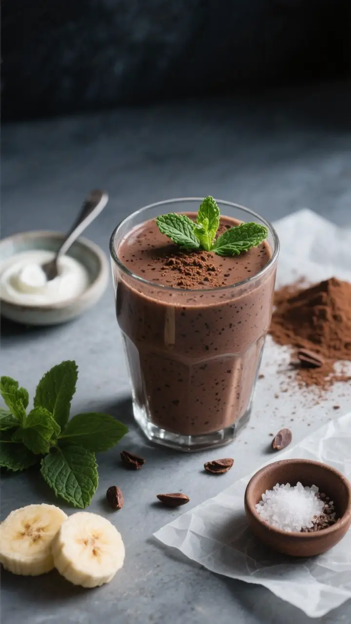 45-degree angle, moody close-up of the Midnight Mint Brownie Smoothie: silky chocolate-mint smoothie in a clear glass, speckled with mint, finished with a sprig of fresh mint and a cocoa sprinkle; a few cacao nibs scattered on the surface and lightly embedded for crunch; surrounding props include Greek yogurt in a small dish with a spoon trail, fresh mint leaves, cocoa powder on a parchment dusting, a pinch bowl of sea salt, and frozen banana pieces; cool-toned backdrop to evoke “midnight,” with directional side light highlighting fudgy texture.