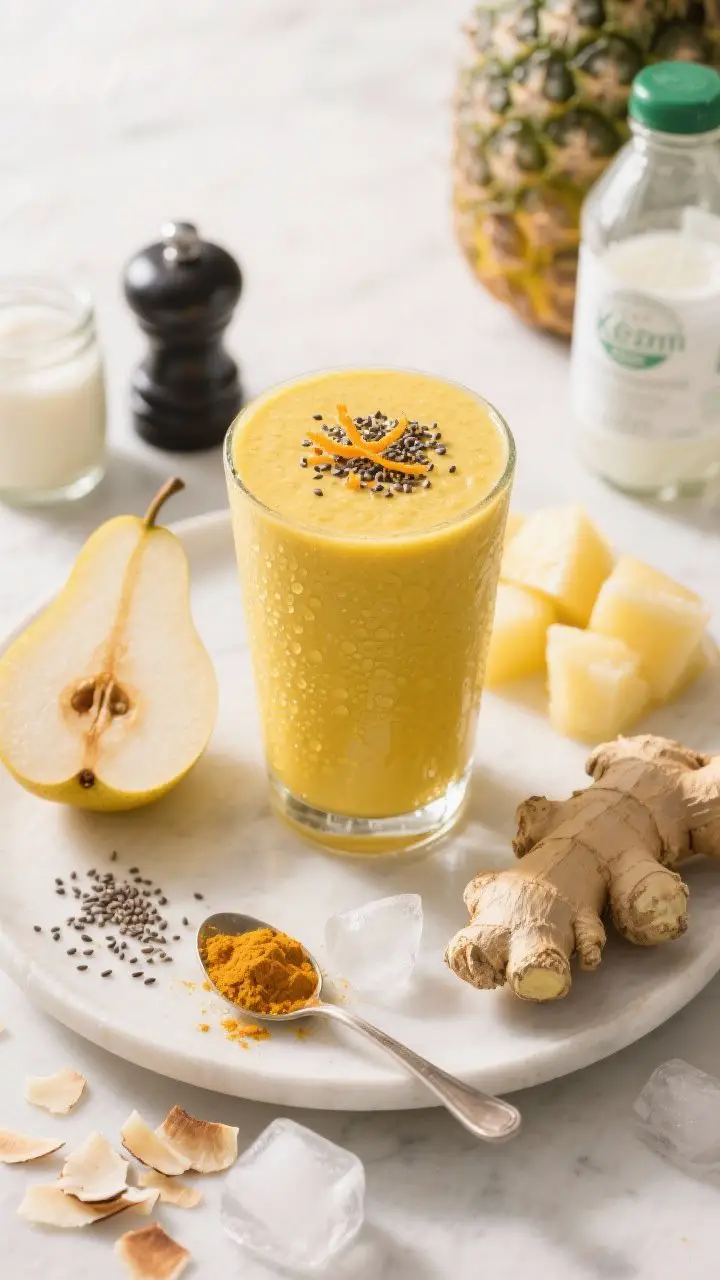 45-degree angle plated hero shot of the Golden Pear Ginger Glow smoothie, glowing golden-yellow in a tall glass with condensation, topped with a sprinkle of chia and a twist of orange zest; arrange key ingredients around: ripe Bartlett pear slices, frozen pineapple chunks, a piece of fresh ginger, a tiny pinch of turmeric on a spoon, black pepper grinder, kefir in a small jar, and coconut water bottle; add a few ice cubes and toasted coconut flakes scattered; bright, clean styling with warm highlights to emphasize the golden hue, elegant and fresh wellness vibe.