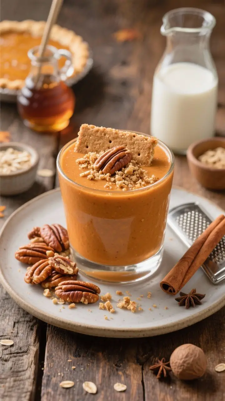 45-degree angle plated presentation of a Maple Pecan Pumpkin Smoothie in a short rocks glass, rich amber-orange, crowned with crushed graham cracker “pie-crust” crumble and extra toasted pecan pieces; visible nutty specks in the smoothie; set on a rustic wood table with a small pile of toasted pecans, a maple syrup dripper, oat milk in a carafe, and a cinnamon stick and nutmeg grater nearby; include a tiny pinch of clove in a ramekin for styling; shallow depth of field, buttery highlights, autumnal color palette