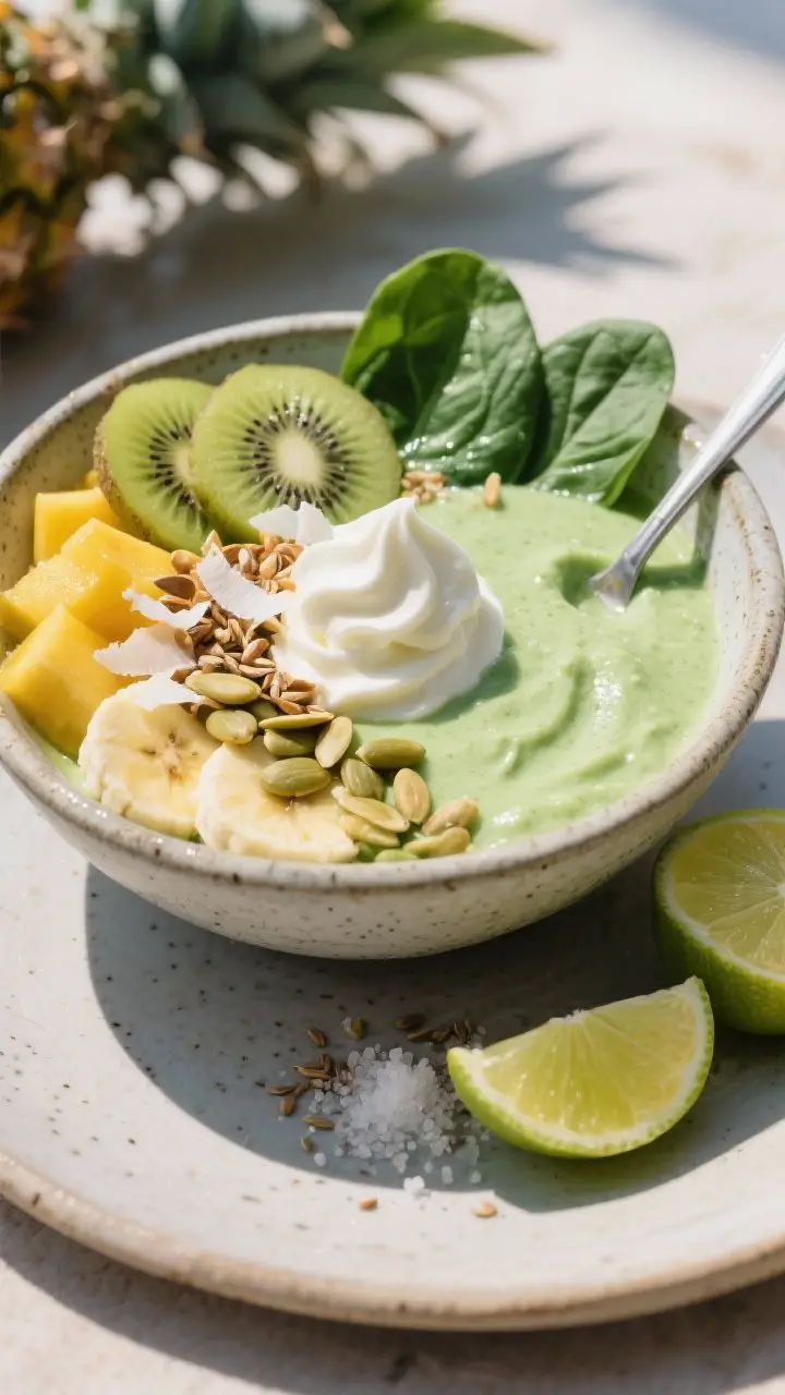 45-degree angle plated presentation of a Tropical Greens Bowl with a lush, soft-serve–thick pale green base (spinach, pineapple, mango, banana, coconut water, Greek yogurt/silken tofu, vanilla/unflavored protein, flax, lime juice) spooned into a chilled stoneware bowl; vibrant toppings: fanned kiwi slices, toasted coconut flakes, pumpkin seeds, and a squeeze of fresh lime glistening on the surface; a halved lime and a sprinkling of sea salt sit nearby for a “hot-yoga recovery” cue; clean, hydrating, vacation-like mood with sunlit highlights and a few pineapple and spinach leaves subtly in frame.