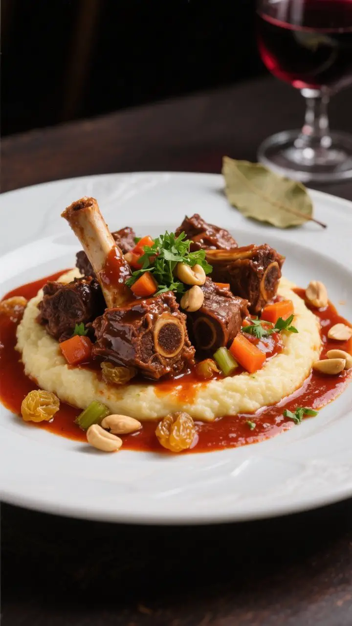 45-degree angle, plated presentation of Roman-style coda alla vaccinara: fall-off-the-bone oxtail pieces lacquered in a deep, glossy tomato–red wine sauce with hints of cocoa and cinnamon, spooned over creamy polenta; visible soffritto bits (onion, carrot, celery) glistening in the sauce, garnished with chopped parsley and a scatter of toasted pine nuts and a few golden raisins; background includes a small glass of red wine and a bay leaf; rich chiaroscuro lighting to emphasize sheen and tenderness, shallow depth of field on the oxtail.