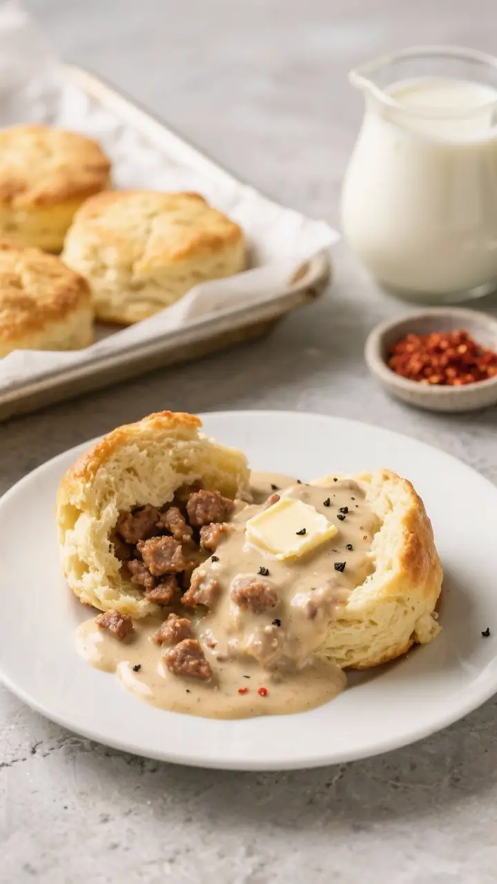 45-degree angle plated scene of fluffy golden drop biscuits split open and smothered with silky, pepper-flecked sausage gravy. Visible crumbles of breakfast sausage in the creamy sauce, a light sheen of butter, and a crack of black pepper on top. Background includes a parchment-lined tray with extra rustic biscuits, a small dish of crushed red pepper, and a jug of warm milk hinting at the roux. Soft, inviting brunch mood on a neutral stone surface.