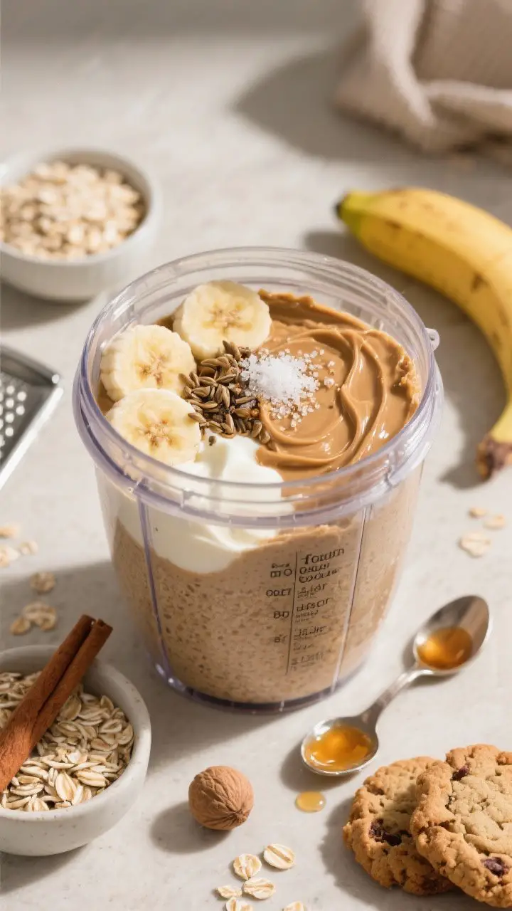 45-degree angle, process-oriented shot capturing the Oatmeal Cookie Banana Builder: blender jar filled and ready—fine oat “flour” at the base, frozen banana chunks, vanilla protein powder, almond butter ribbon, Greek yogurt, almond milk, specks of cinnamon and flax, with a pinch of sea salt on top; nearby props include a small bowl of quick oats, a cinnamon stick, nutmeg grater, and maple syrup dribble on a spoon; warm, cozy palette of beiges and browns, conveying cookie-dough thickness and hearty, post-workout satisfaction.