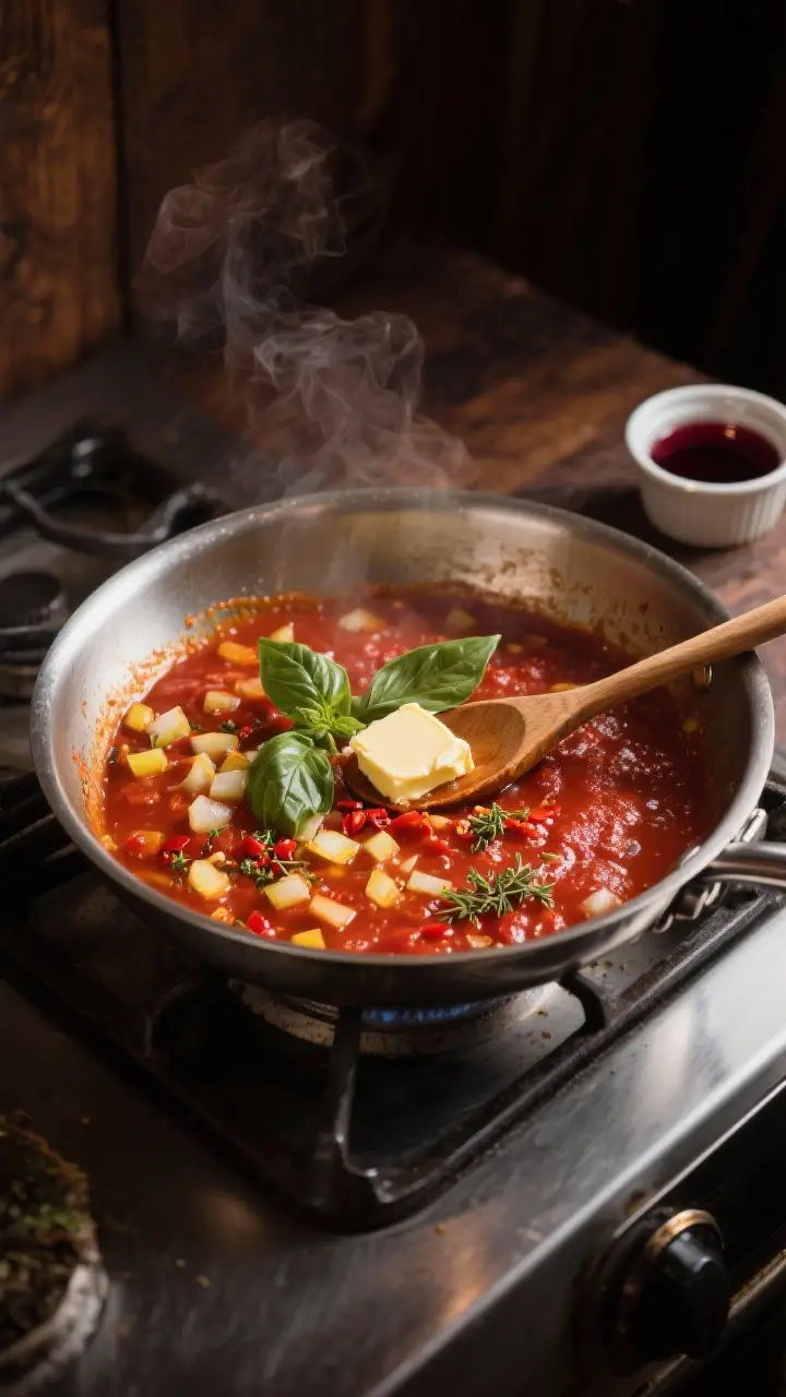 45-degree angle saucepan scene for Slow-simmered grandma pie sauce: a shallow stainless pan on a stovetop with jammy, thick, brick-red sauce slowly bubbling—visible softened diced yellow onions, specks of oregano, streaks of caramelized tomato paste, red pepper flakes; torn basil leaves and a pat of butter being stirred off heat with a wooden spoon; cozy, warm tones, gentle steam, dark wood background, a small ramekin of red wine nearby, evoking a homestyle Sicilian/grandma-pie comfort mood.