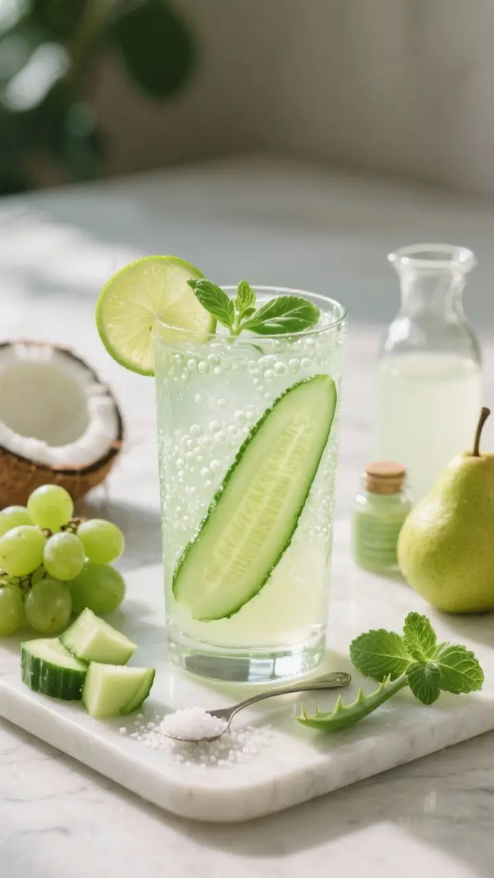 45-degree angle serene scene of the “Cool-As-A-Cucumber Aloe Hydrator”: a chilled clear glass filled with pale green juice, condensation beads, a few basil leaves and a thin cucumber ribbon inside, lime wedge on the rim. Ingredients artfully arranged nearby: chopped cucumber, a cluster of green grapes, sliced green pear, a small bottle/spoon of food-grade aloe, fresh basil and mint, a pinch of sea salt. Optional small splash of coconut water in a mini carafe. Soft afternoon light, minimalist spa aesthetic, ultra-refreshing mood.