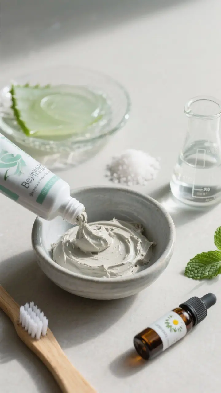 45-degree angle, serene, soothing scene of a silky bentonite clay + aloe toothpaste being spooned into a small squeeze tube: non-metal ceramic bowl with pale gray clay paste, a clear dish of pure aloe gel, a small beaker of distilled water, tiny heap of xylitol, pinch of sea salt, and an amber vial labeled spearmint/chamomile; ultra-smooth, low-abrasion texture emphasized. Soft, cool tones, matte props, gentle highlights, super-soft toothbrush placed nearby for context.
