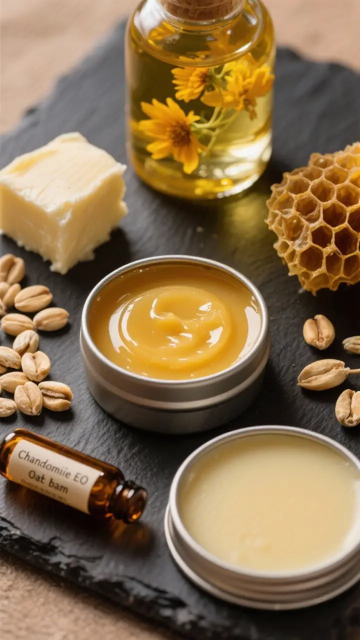 45-degree angle shot of a freshly poured calendula and oat balm setting in a small metal tin: glossy surface beginning to solidify, warm golden tint. Surrounding are beeswax pellets, a chunk of shea butter, a bottle of calendula-infused oil with visible petals, and oat kernel oil. A tiny amber vial labeled chamomile EO nearby. One tin firmer, one softer to suggest wax ratio tweaks. Clean apothecary aesthetic on a dark slate board, warm highlights, rich yet soothing color palette.