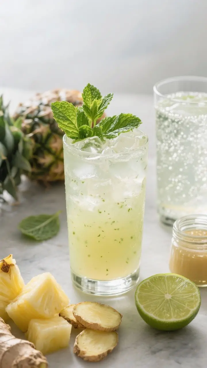 45-degree angle shot of a Pineapple Mint Cooler poured over crushed ice in a highball glass, pale golden-green hue with visible tiny mint flecks, garnished with a lush mint bouquet; beside it, an ingredient scene: fresh pineapple chunks, sliced peeled ginger coins, lime halves, and a small jar of agave; optional second glass topped with sparkling club soda for bubbles; cool spa-like mood, frosty glass, tight depth of field, bright and airy.