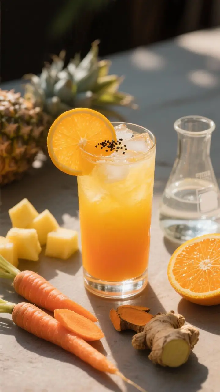 45-degree angle shot of Sunset Pineapple Orange Carrot Juice served over ice in a clear highball, glowing gradient from deep orange to golden yellow; tiny pinch of black pepper dusted on top and a thin orange wheel garnish; nearby ingredients arranged: pineapple chunks, segmented orange, sliced carrot, a nub of fresh turmeric and ginger, and a small beaker of cold water; sunlit late-afternoon ambiance, saturated hues, smooth velvety look.