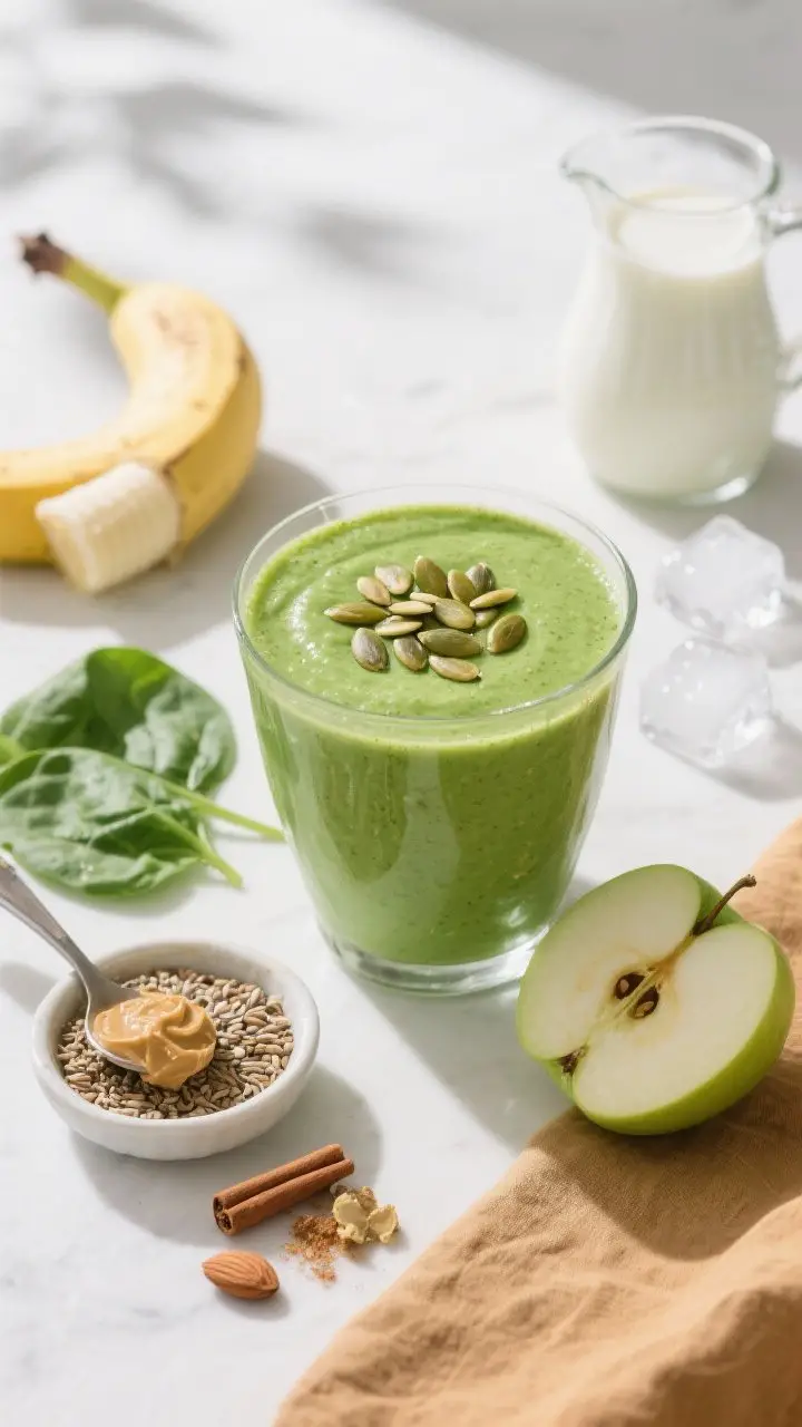 45-degree angle vibrant Green Pumpkin Smoothie that “doesn’t taste green” in a stemless glass, bright green with creamy body, topped with pumpkin seeds for crunch; staged with fresh spinach leaves, a wedge of green apple, a spoon of almond butter, flaxseed meal in a tiny dish, cinnamon and ground ginger pinches, almond milk in a small pitcher, half a frozen banana, and a few melting ice cubes; light, fresh, and clean styling on a white surface with soft natural daylight, hint of fall via a tan linen