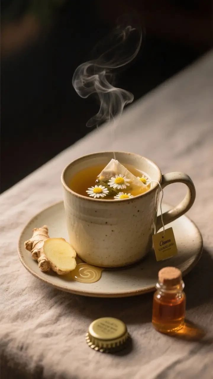 45-degree calming final cup shot: a ceramic mug of chamomile-apple cider vinegar throat tonic, soft golden hue with delicate chamomile flowers visible from a recently steeped bag, thin slice of fresh ginger resting on the saucer, honey swirl just dissolved, and a small bottle cap of raw apple cider vinegar beside the cup; gentle steam, cozy evening setting, muted linen, and warm side light emphasizing soothing, balanced tones.