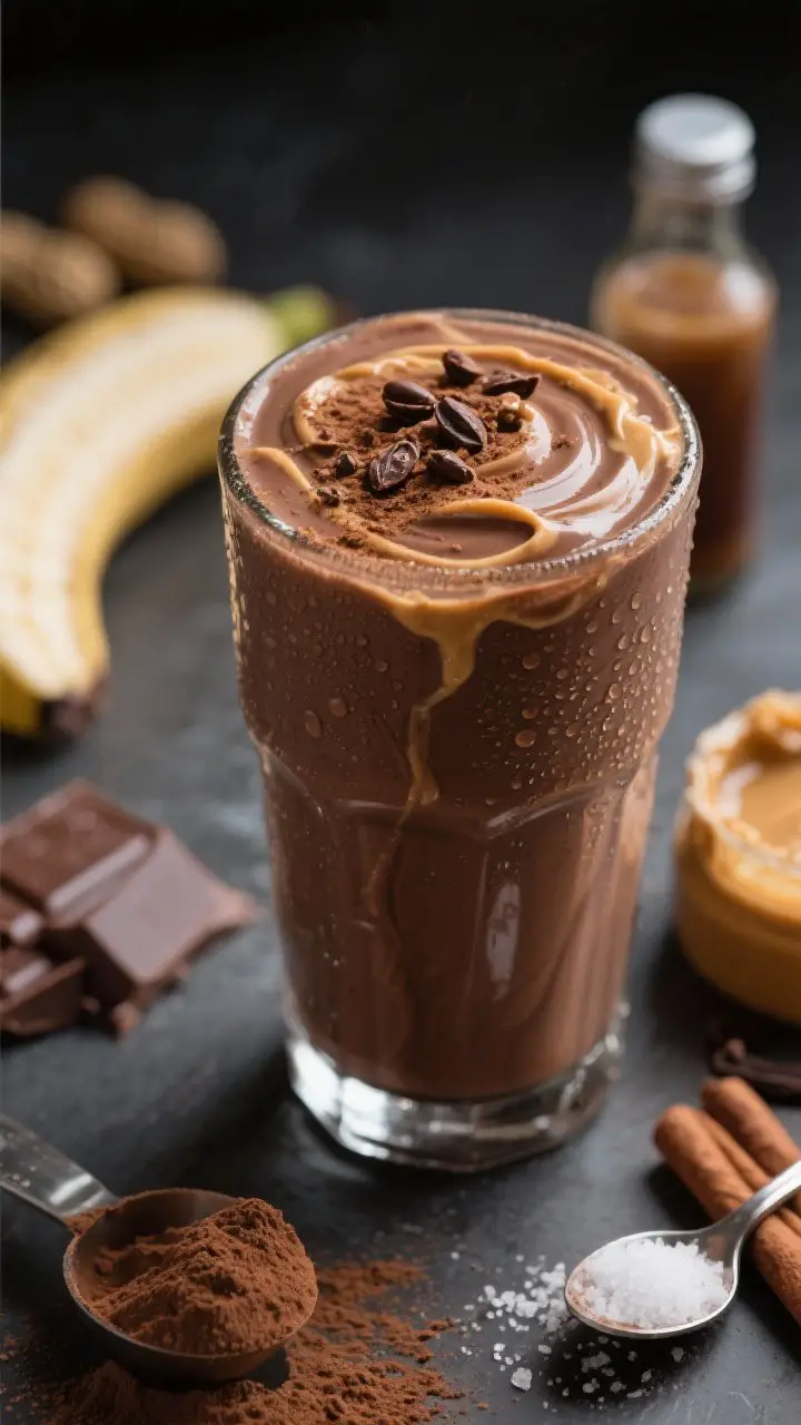 45-degree close-up of a thick Chocolate Peanut Butter Power Shake in a chilled glass, rich cocoa-brown with creamy ripple texture; garnished with a dusting of cocoa powder and a few cacao nibs on top; peanut butter swirl clinging to the inside of the glass, condensation beading; styled with ingredients in soft focus: a frozen banana, chocolate protein powder scoop, natural peanut butter in a spoon, unsweetened cocoa, cinnamon, vanilla extract bottle, sea salt pinch; moody, dessert-like lighting for indulgent vibes.