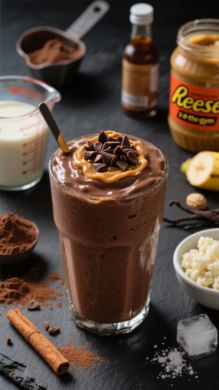 45-degree close-up of the Chocolate Peanut Butter Protein Blizzard, ultra-thick and spoonable in a frosty glass, with a glossy chocolate-brown finish; topped with a warm drizzle of melted peanut butter, a scatter of cacao nibs, and a dusting of cinnamon; background styling shows specific ingredients partially in frame: chocolate milk in a measuring cup, chocolate protein powder scoop, unsweetened cocoa powder, vanilla extract bottle, peanut butter jar, frozen banana and a small bowl of cauliflower rice (swap option), ice cubes, and a tiny pinch of sea salt; moody, contrasty lighting on a dark slate surface to amplify the “Reese’s-at-the-gym” vibe, highlighting the dense, silky texture.