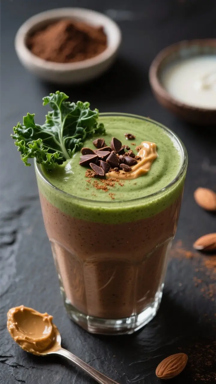 45-degree close-up of the final “Peanut Butter Cup Green Smoothie” in a clear glass, ultra-creamy texture with a rich green-brown hue from cocoa and kale; topped with cacao nibs and a subtle peanut butter swirl, tiny pinch of cinnamon dusted on top; lacinato kale leaves and a spoonful of natural peanut butter in soft focus behind, plus a small bowl of unsweetened cocoa powder and a splash of almond milk visible; moody, dessert-like lighting on a dark slate surface to emphasize milkshake vibes.