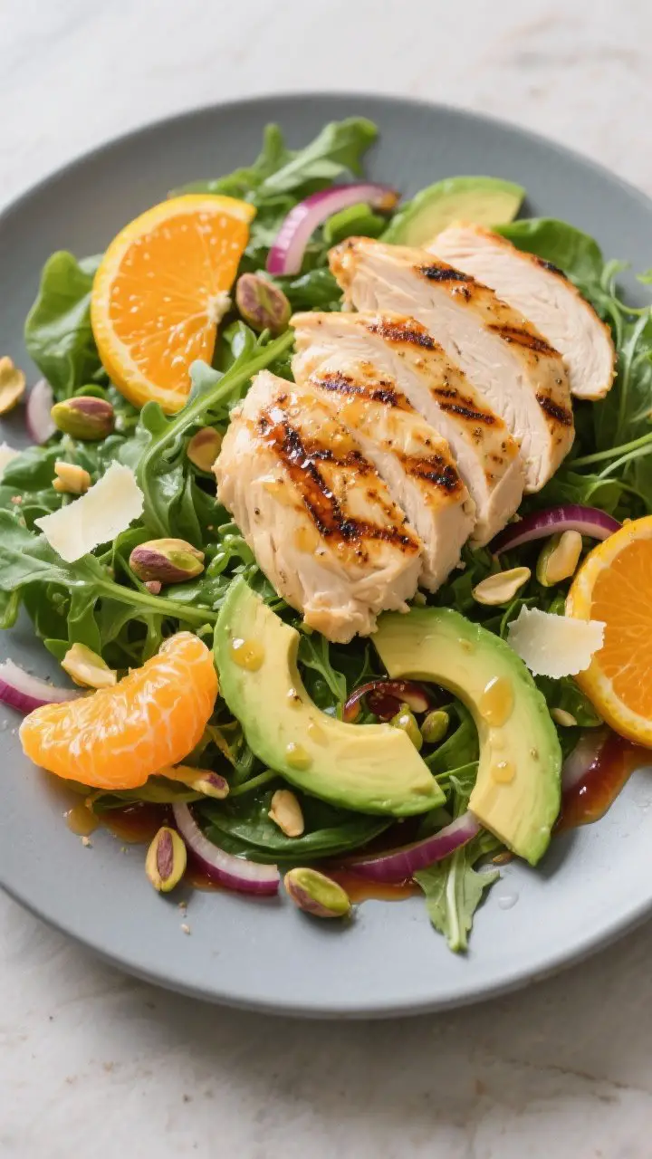 45-degree composed dinner plate of Citrus-Grilled Chicken and Avocado Salad: mixed greens (arugula/spinach) lightly glossed with orange-shallot vinaigrette (olive oil, orange juice, red wine vinegar, Dijon, minced shallot, honey), topped with citrus-marinated grilled chicken slices (orange and lemon juice, olive oil, honey, Dijon, garlic powder, salt, pepper), buttery avocado slices, bright orange segments, shaved fennel, thin red onion, and chopped toasted pistachios. Optional shaved Parmesan curls catch highlights. Serve on a wide matte plate with grill marks visible on chicken; weeknight-elegant, fresh and zesty palette.