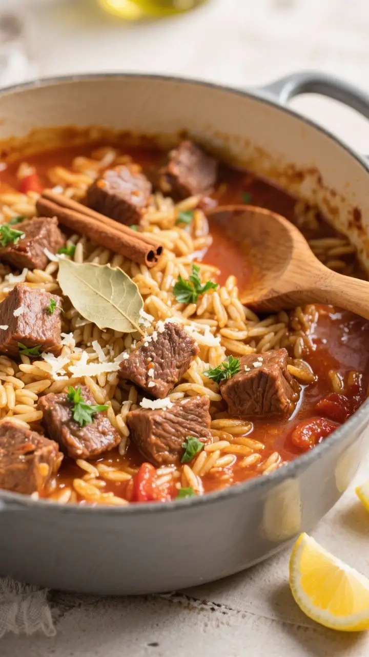 45-degree, cozy casserole scene: Youvetsi in a Dutch oven, oven-baked beef and orzo in a rich tomato broth. Tender browned beef chuck cubes nestled among plump, glistening orzo, hints of cinnamon stick and a bay leaf peeking through, finished with grated Kefalotyri/Parmesan melting into the surface. Garnished with chopped parsley and set with lemon wedges on the side to brighten. Visible olive oil sheen, warm tones, slight brothiness—not soupy. Wooden spoon resting on the rim, soft afternoon light emphasizing comfort and depth.
