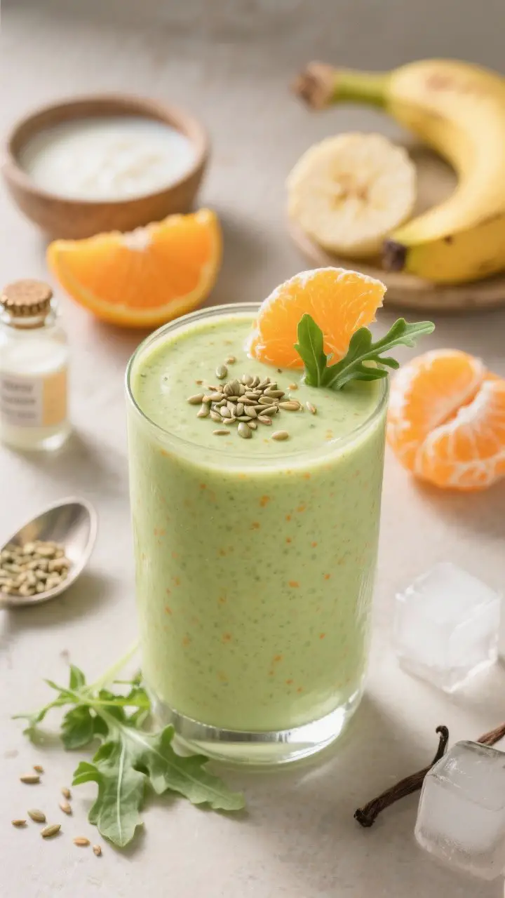 45-degree creamy final serve: A thick, silky Creamy Green Citrus Sipper in a chilled stemless glass—soft pastel green with tiny orange specks—topped with a light sprinkle of hemp seeds. Garnishes include an orange segment perched on the rim and a few aragula leaves at the base. In the background: peeled orange segments, half a ripe banana, a small bowl of kefir (or almond milk), a spoonful of flax or hemp seeds, a bottle cap of vanilla extract, and a few ice cubes. Warm morning light, cozy breakfast mood, smooth and lush texture emphasized.