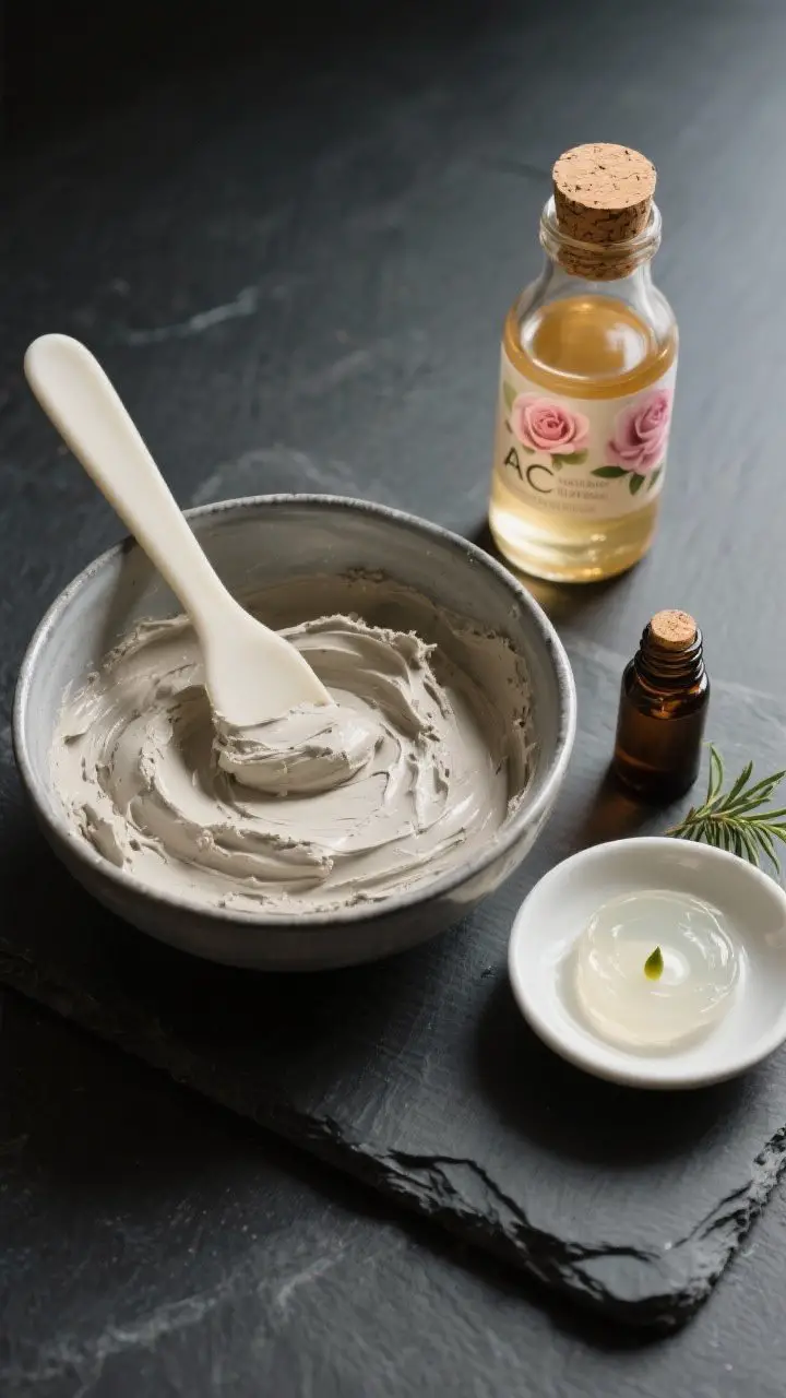 45-degree ingredient-prep shot of a balancing clay spot treatment being mixed in a non-metal bowl: smooth bentonite or kaolin clay paste coming together with raw apple cider vinegar or rosewater to a silky, spreadable consistency. Include a tiny dish with a single drop of tea tree oil and a dab of clear aloe gel off to the side (optional add-ins). Set on a matte dark slate surface with a small silicone spatula, a corked bottle of rosewater and ACV in frame, crisp, professional lighting highlighting the matte clay texture.