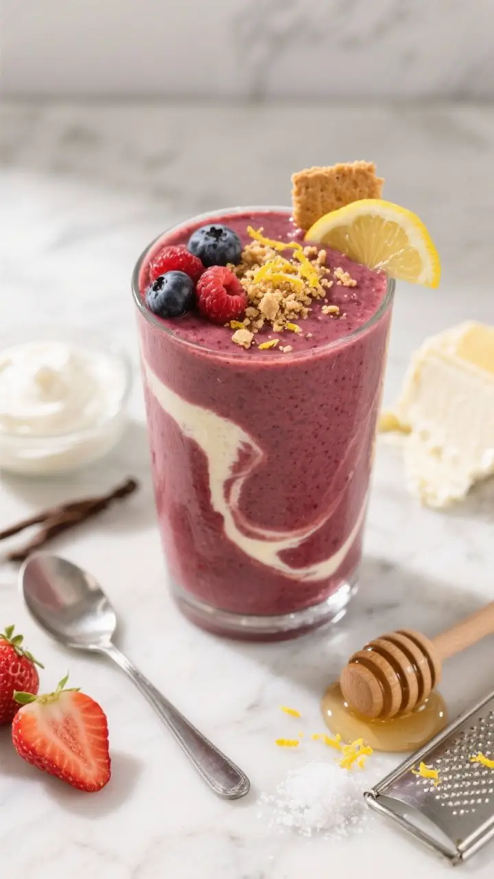 45-degree plated presentation of a Berry Cheesecake Recovery Smoothie in a short, wide glass, thick and silky with a deep berry hue, subtle swirl from cream cheese. Garnished with crushed graham cracker crumbs on top, a twist of lemon zest, and a few whole mixed berries at the base. Surrounding props: a spoonful of plain Greek yogurt, vanilla/strawberry protein scoop, cream cheese pat, a microplane with fresh lemon zest, honey dipper with a hint of honey, and a pinch of salt on a marble backdrop. Bright, clean lighting to highlight cheesecake-like tang and creaminess.