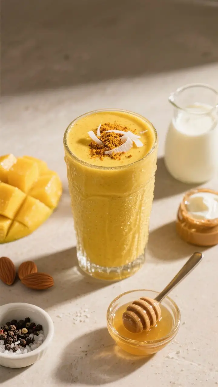 45-degree plated presentation of the Golden Turmeric Mango Cooler, a velvety golden-yellow smoothie in a clear tumbler with frosty sides; topped with a delicate sprinkle of ground turmeric and a few coconut shreds; set alongside key ingredients: frozen mango chunks, almond milk in a small pitcher, plain Greek yogurt, almond butter on a spoon, a tiny dish with black pepper and sea salt, and a touch of honey; warm, soothing light with soft shadows to emphasize calm, anti-inflammatory mood and luxurious texture.