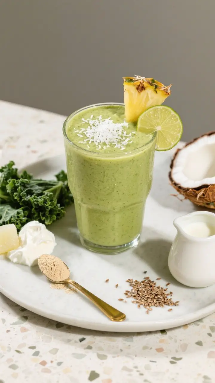 45-degree plated presentation of the “Green Piña Colada Protein Shake”: a thick, creamy green smoothie in a stemless glass, garnished with toasted shredded coconut, a pineapple wedge, and a lime wheel on the rim; ingredients styled around—scoop of vanilla protein powder in a brass spoon, Greek yogurt dollop, frozen pineapple chunks, kale leaves, flaxseed pinch, and a small pitcher of coconut milk; clean studio lighting for a polished, high-protein vibe on a pale terrazzo surface.